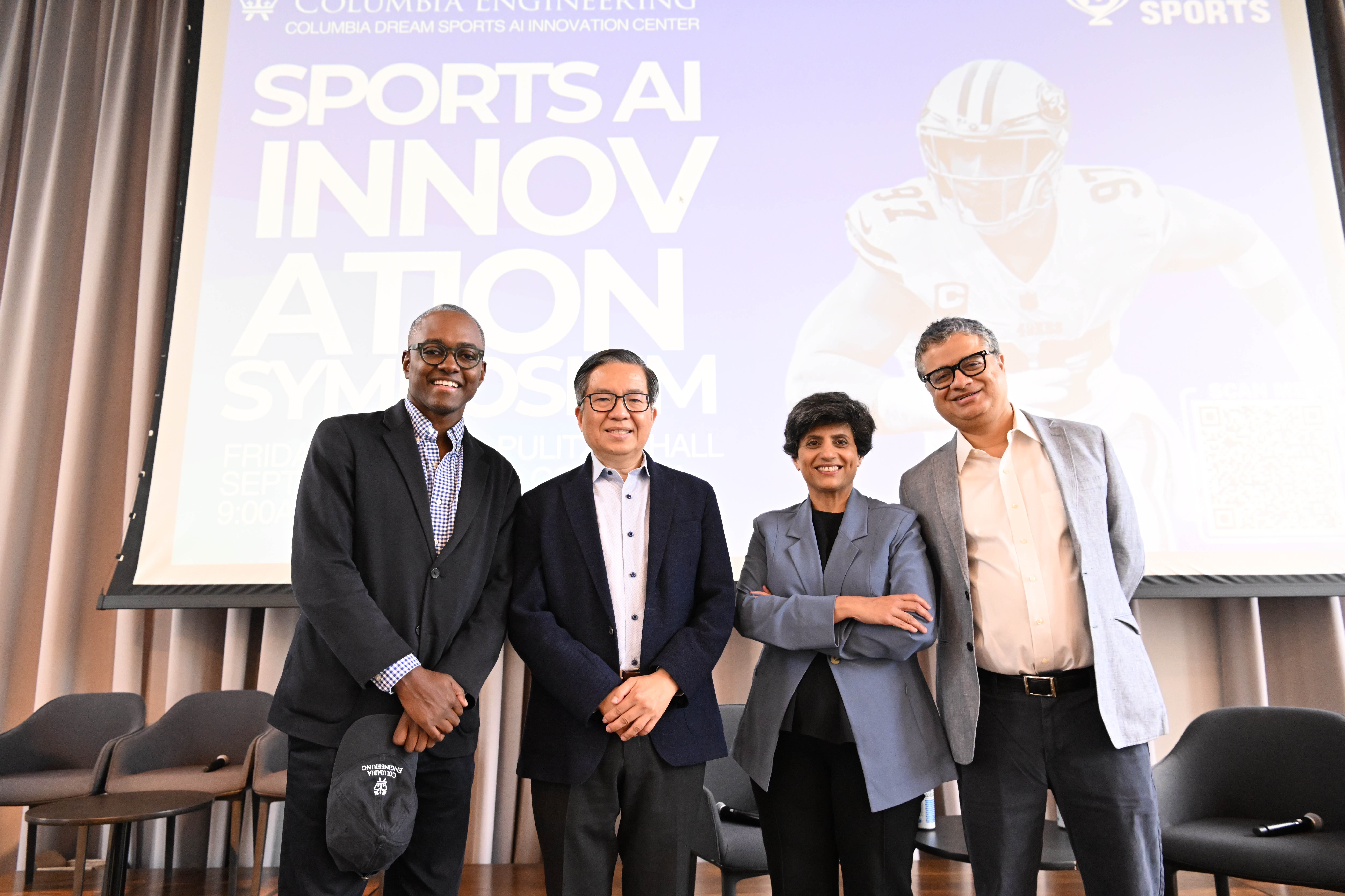 speakers and dean shih fu chang (second from the left) gathered for a photo in front of "sports ai innovation" banner