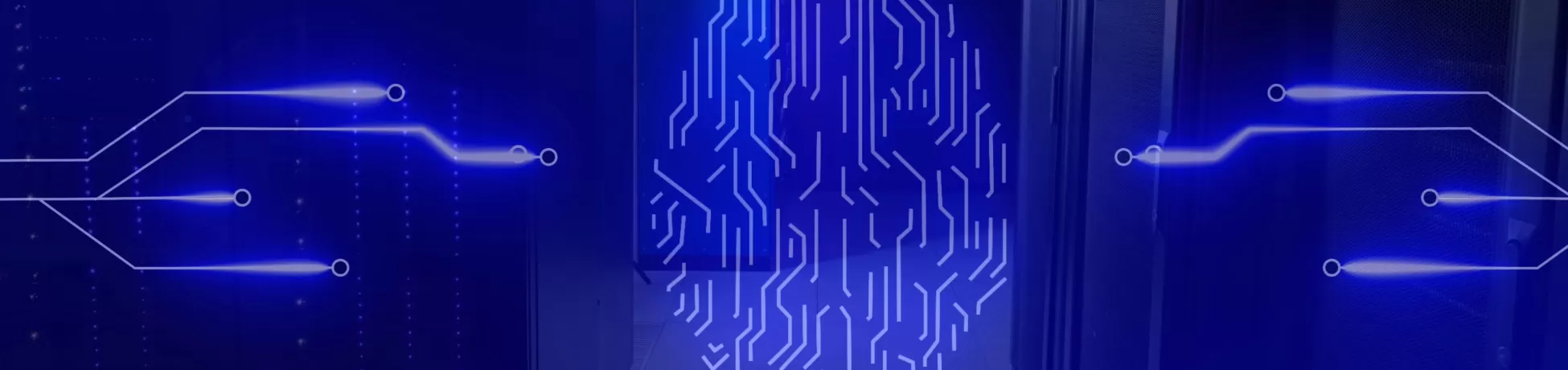 Image of circuit board pattern around brain against server room in background. Digital composite, multiple exposure, artificial intelligence, networking, technology and network server concept.
