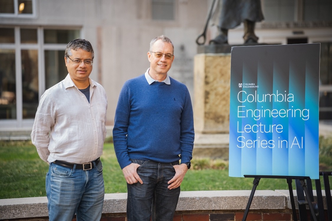 Guest speaker Ion Stoica (right) with Columbia Engineering Vice Dean for Computing and AI Vishal Misra