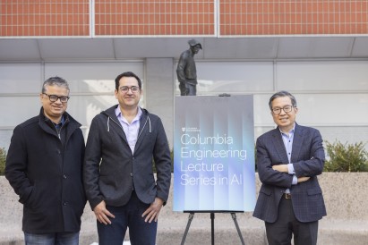 Vishal Misra, Ali Farhadi, and Shih-Fu Chang posing in front of a poster that reads Columbia Engineering "Lecture Series in AI" 